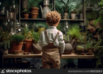 Botanist scientist kid pots. Happy young. Generate Ai. Botanist scientist kid pots. Generate Ai