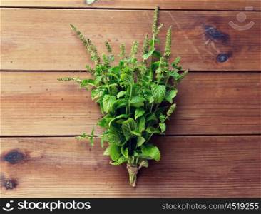 botany, gardening and herbs concept - close up of fresh melissa bunch on wooden table