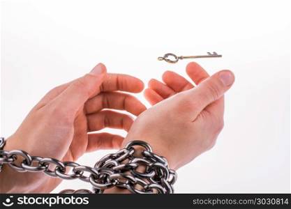Both chained hands and the key. Both chained hands and the key on white background