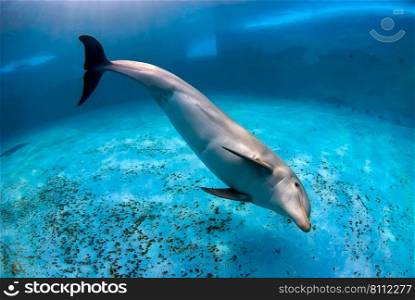 Botllenose dolphin (Tursiops truncatus) swimming playfully in a pool. Male dolphin playing in a pool