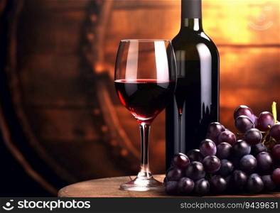 Bott≤and glass of red wi≠with barrel and grape.AI Ge≠rative