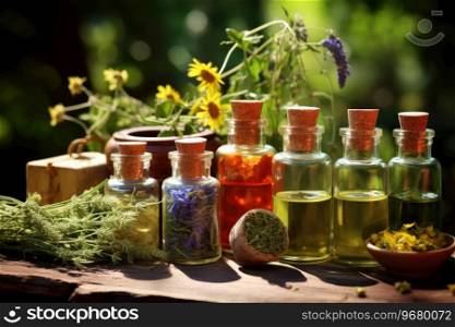 Bott≤s of tincture or infusion of hea<hy medicinal herbs and healing plants. Herbal medici≠.