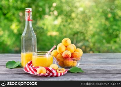 Bottle and glass of apricot juice with apricots on a green natural background. Wooden table, red checkered tablecloth. Organic food concept. Bottle and glass of apricot juice with apricots on green background