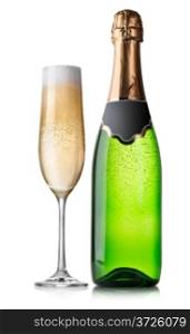 Bottle and glass of champagne isolated on a white background