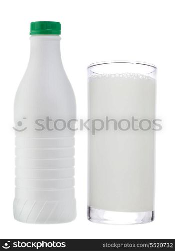 bottle and glass of milk on white background