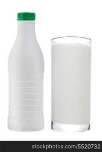 bottle and glass of milk on white background