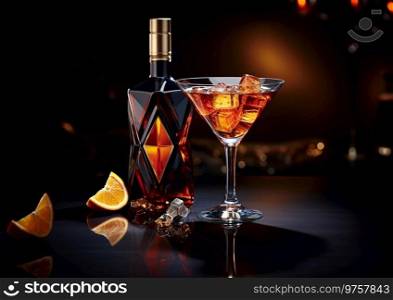 Bottle and glass of red dry martini drink with ice cubes and orange on dark bar lounge background.AI Generative
