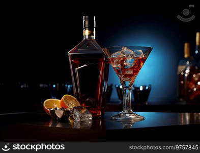 Bottle and glass of red dry martini drink with ice cubes and orange on dark bar lounge background.AI Generative