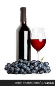 Bottle and glass of red wine with grapes isolated on white background