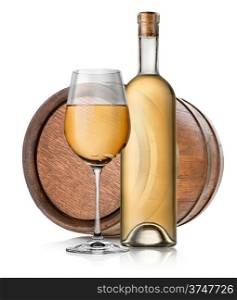 Bottle and glass of white wine isolated on white background