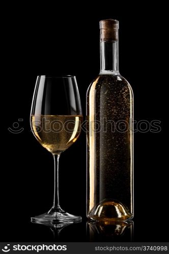 Bottle and glass of white wine on a black background