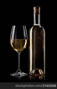 Bottle and glass of white wine on a black background