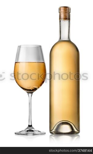 Bottle and glass of wine isolated on white background