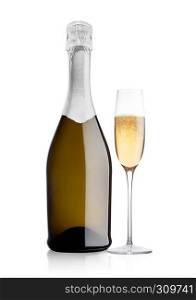 Bottle and glass of yellow champagne on white background