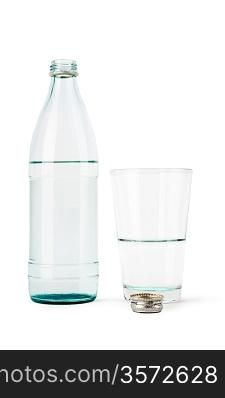 Bottle and glass with water and a cover it is isolated