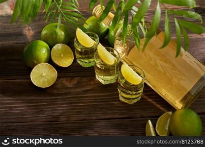 Bottle and glasses of tequila with lime on a wooden table. Traditional Mexican alcoholic beverage. Alcoholic cocktail with lime. The gin drink is served in glasses and limes 