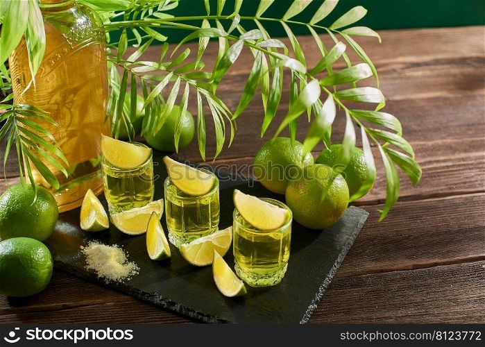 Bottle and glasses of tequila with lime on a wooden table. Traditional Mexican alcoholic beverage. Alcoholic cocktail with lime. The gin drink is served in glasses and limes 