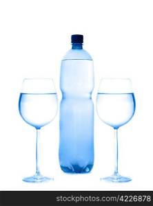 Bottle and glasses with water. Isolation on white.