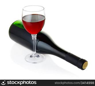 Bottle and goblet of red wine isolated on white background
