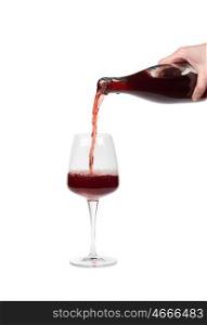 Bottle filling a glass of wine isolated on a white background