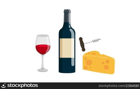 Bottle, glass of wine cheese and Corkscrew set. Stock 4k vector. Bottle, glass of wine cheese and Corkscrew set. Stock vector