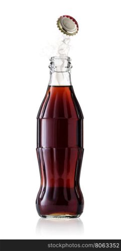 Bottle of cola with smoke under hood isolated on white background. Bottle of cola with smoke under hood