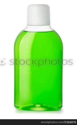 Bottle of green antibacterial mouthwash isolated on white