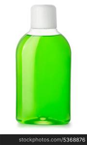 Bottle of green antibacterial mouthwash isolated on white