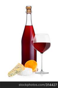 Bottle of homemade red wine with cheese selection and glass on white background