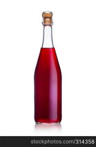 Bottle of homemade red wine with cork on white background with reflection