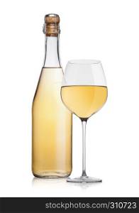 Bottle of homemade white wine and glass on white background with reflection