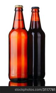 Bottle of lager and dark beer from brown glass, isolated on a white background.