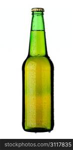 Bottle of lager beer from green glass, isolated on a white background.