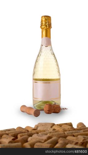 bottle of light wine and corkscrew on white background