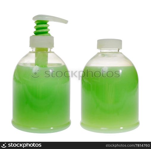Bottle of liquid soap on the white background, dispenser, a reserve bottle