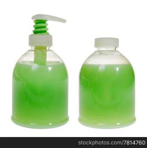Bottle of liquid soap on the white background, dispenser, a reserve bottle