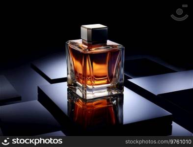 Bottle of luxury fragrance perfume for men on flat mirror plates and black background.AI Generative.