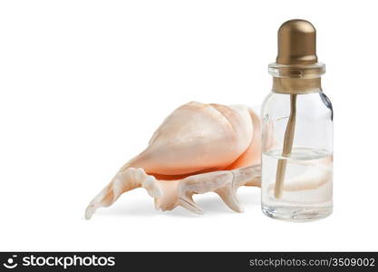 bottle of medicine and shells isolated on a white background