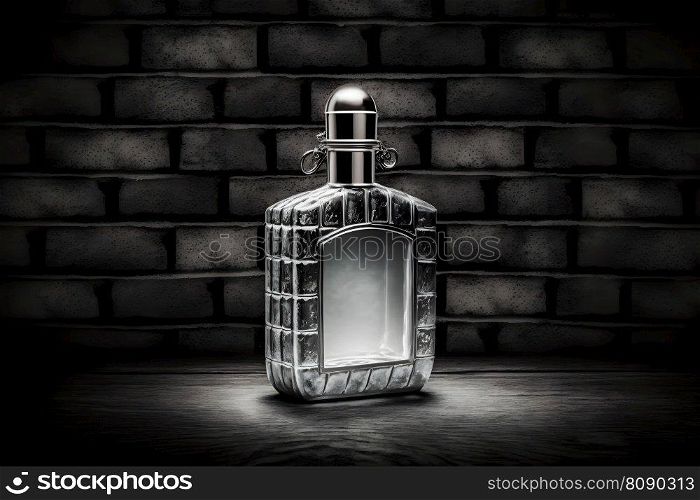 Bottle of men’s perfume on a brick wall. Neural network AI generated art. Bottle of men’s perfume on a brick wall. Neural network generated art
