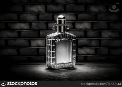 Bottle of men’s perfume on a brick wall. Neural network AI generated art. Bottle of men’s perfume on a brick wall. Neural network generated art