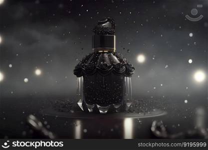 Bottle of men’s perfume with black satin fabric. Neural network AI generated art. Bottle of men’s perfume with black satin fabric. Neural network generated art