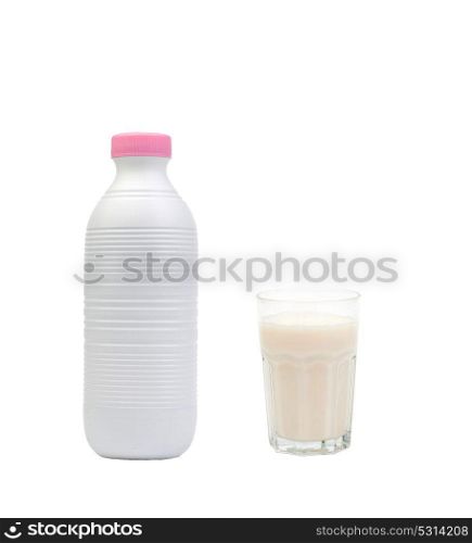 Bottle of milk with a full glass isolated on white background