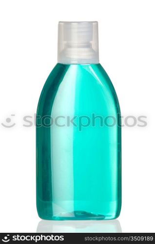 Bottle of mouthwash with reflection on white background