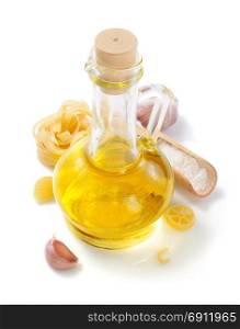 bottle of oil and pasta isolated at white background