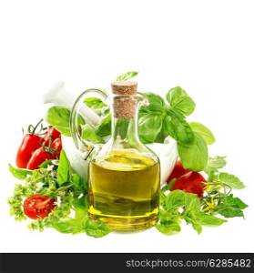 bottle of olive oil with fresh mediterranean herbs and tomatoes. food background