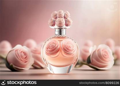 Bottle of perfume fresh rose blossom delicate pastel colored tones. Neural network AI generated art. Bottle of perfume fresh rose blossom delicate pastel colored tones. Neural network generated art