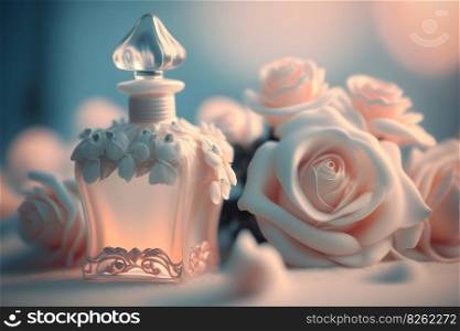 Bottle of perfume fresh rose blossom delicate pastel colored tones. Neural network AI generated art. Bottle of perfume fresh rose blossom delicate pastel colored tones. Neural network generated art