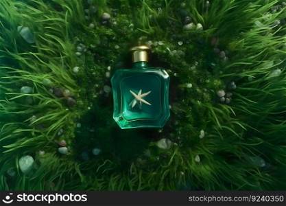bottle of perfume in the sea among the algae. Neural network AI generated art. bottle of perfume in the sea among the algae. Neural network AI generated