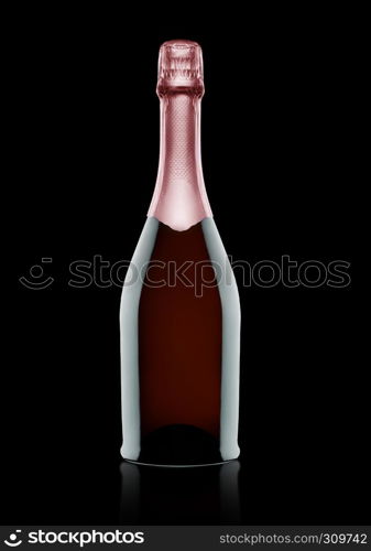 Bottle of pink rose champagne on black background with reflection