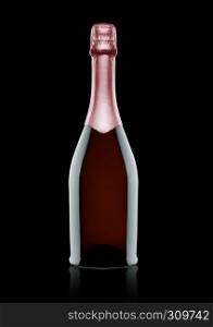 Bottle of pink rose champagne on black background with reflection